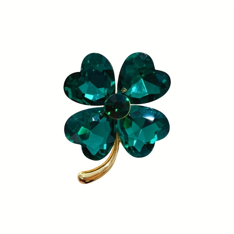 Good Luck Charm: Lucky Green Four-Leaf Clover Crystal Brooch for Women's Clothing and Accessories