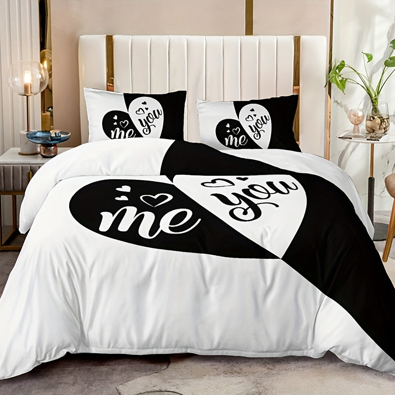 3pcs Duvet Cover Set, Black And Red Heart Pattern Bedding Set, Soft Duvet Cover For Bedroom, Guest Room (1*Duvet Cover + 2*Pillowcase, Without Core)