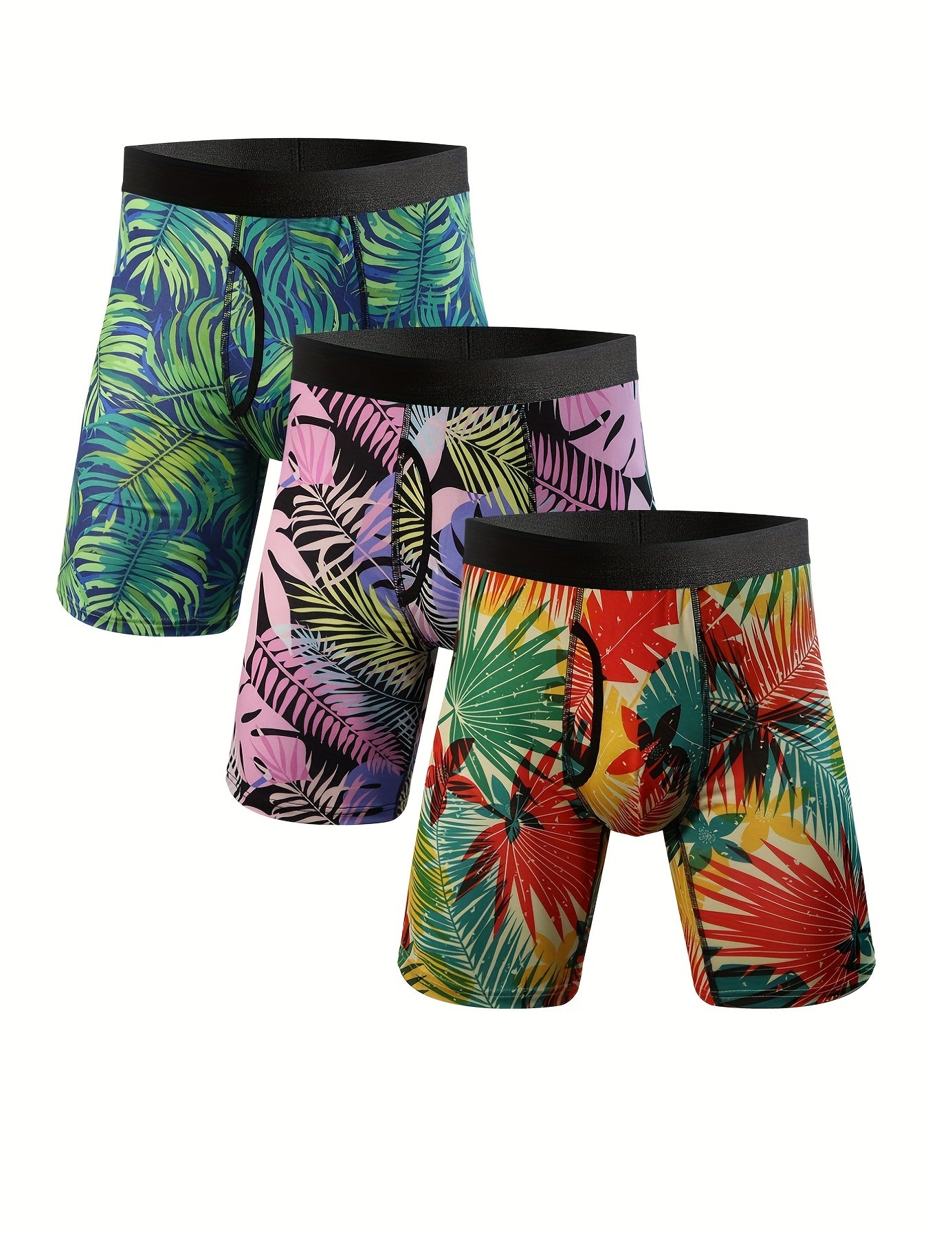 3pcs Men's Plus Size Tropical Plant Print Personality Fashion Novelty Long Boxes Briefs, Sports Briefs, High Stretch Comfortable Underwear