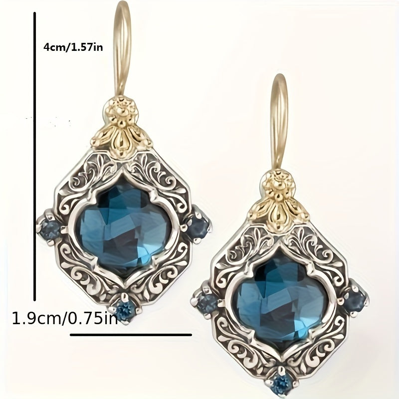 Carved Rhombus Shape Blue Synthetic Gems Decor Dangle Earrings Retro Elegant Style Alloy Jewelry Delicate Female Ear Ornaments