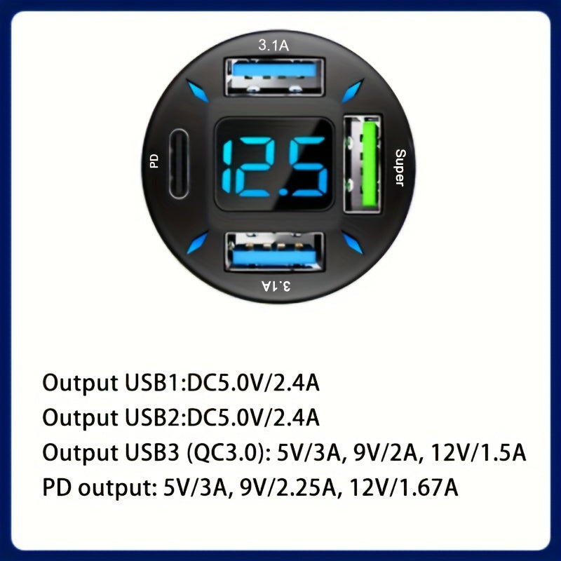 66W 4-port USB Car Charger Fast Charging PD Fast Charging 3.0 USB C Car Phone Charger Adapter