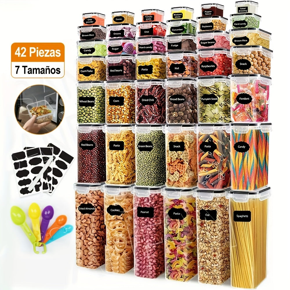 Juego de 42 piezas de refrigerador de cocina, sin BPA, caja de almuerzo de plástico resistente al calor para microondas, caja de almacenamiento de plástico para cereales, harina y azúcar, viene con papel de pizarra 1 cuchara de pluma blanca, suministros d