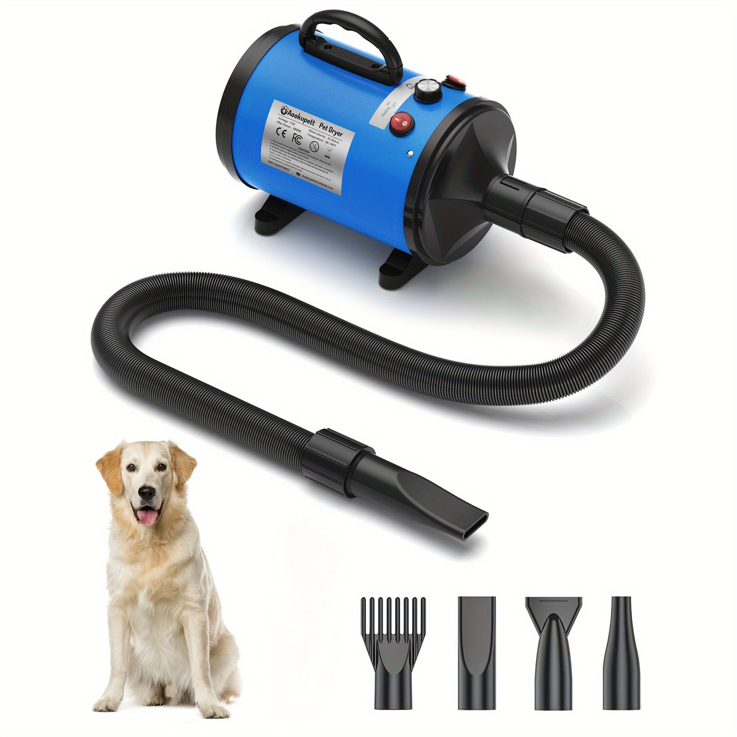 Aookupett Dog Dryer For Grooming Dog Blow Dryer, 2800w\u002F3.8HP High Velocity Dryer For Dogs, Stepless Adjustable Speed Pet Dryer, Dog Hair Dryer For Cat & Dog With Heater, 4 Nozzles, Household