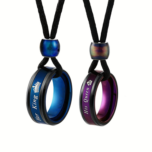 Stainless Steel Necklace Two-Piece Set Colorful Couple Ring Pendant Necklace Promise Necklace