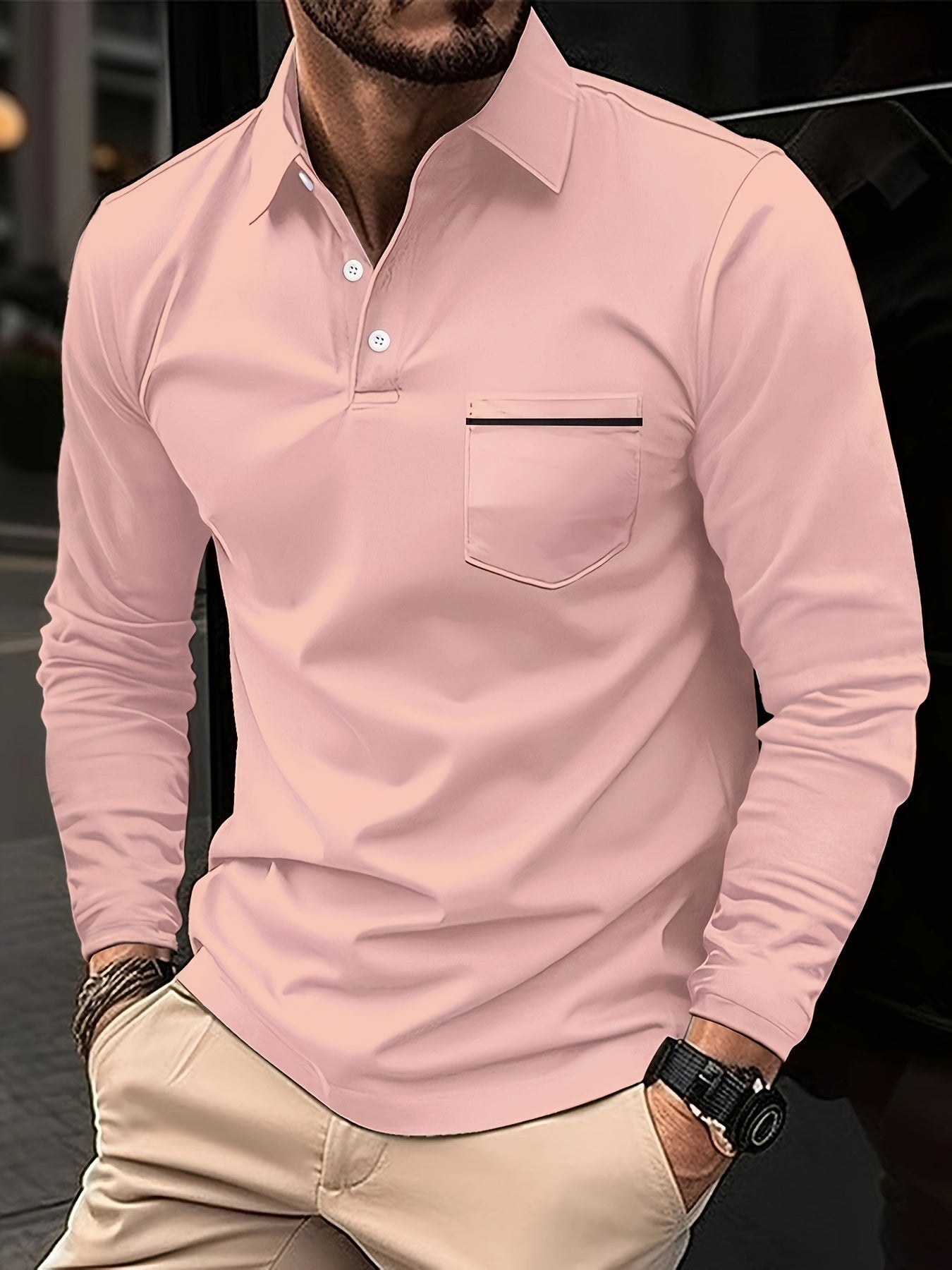 Camisa masculina de lapela de manga comprida básica madura de cor sólida com bolso no peito, esportes de golfe primavera outono