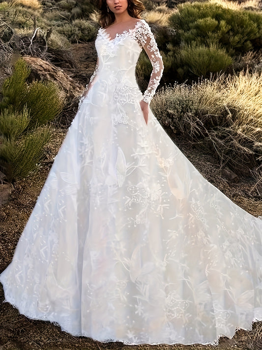 Vestido de casamento de renda até o chão, vestido de casamento elegante com decote em V manga comprida sem costas, roupas femininas