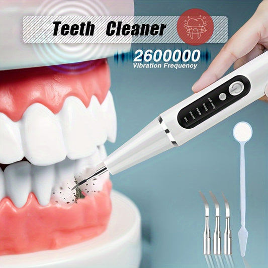 1pc Tartar Removal For Teeth With LED Light, Teeth Cleaning Up To 2600000 Operating Frequency, Rechargeable Teeth Cleaning Kit, 4 Replaceable Heads With A  Oral Mirror,Dental Rinse, 5 Gears Adjustment,Immediately Remove Dental Plaque And Stains