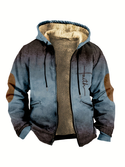 Graduated Color Vintage Style Warm Fleece Coat, Men's Casual Hooded Warm Thick Jacket For Fall Winter