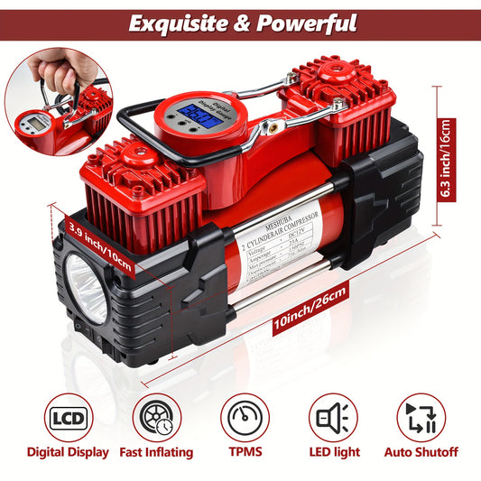 Twin Cylinder Air Compressor, 12V Portable Heavy Duty Tire Inflator With Digital Gauge Car Pump Auto Shut-Off For Vehicle, Bicycle And Other