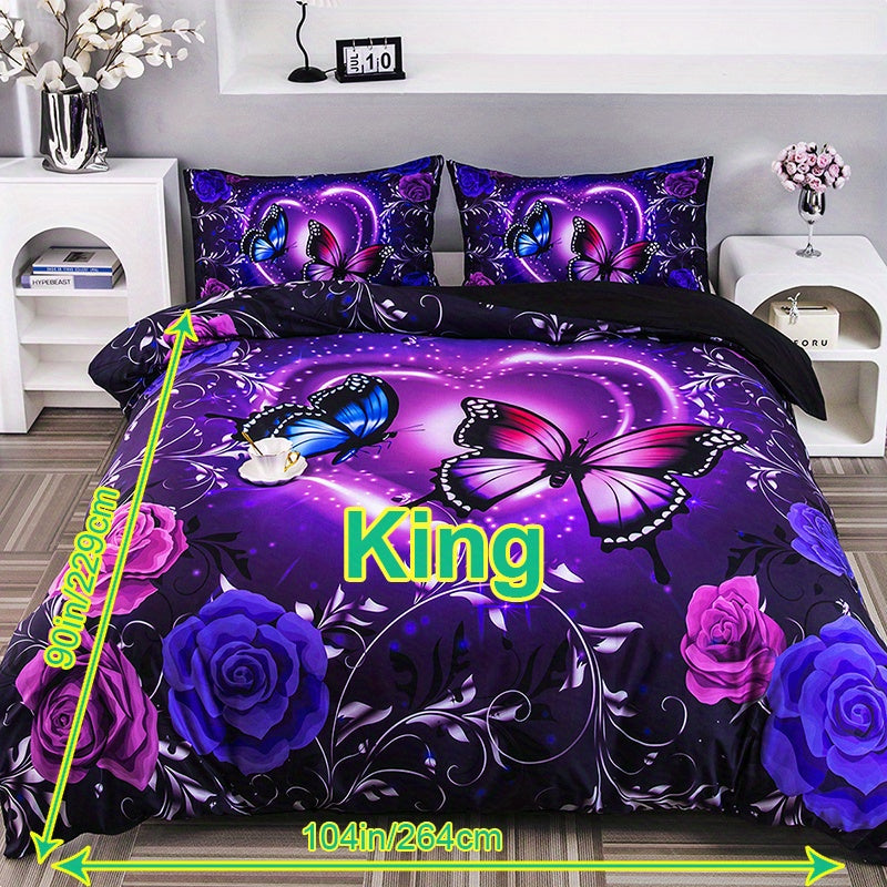 3pcs Duvet Cover Set, Fashion Classic Popular Butterfly Flower Digital Print Bedding Set, Soft Comfortable Duvet Cover, For Bedroom, Guest Room (1*Duvet Cover + 2*Pillowcase, Without Core And Quilt)