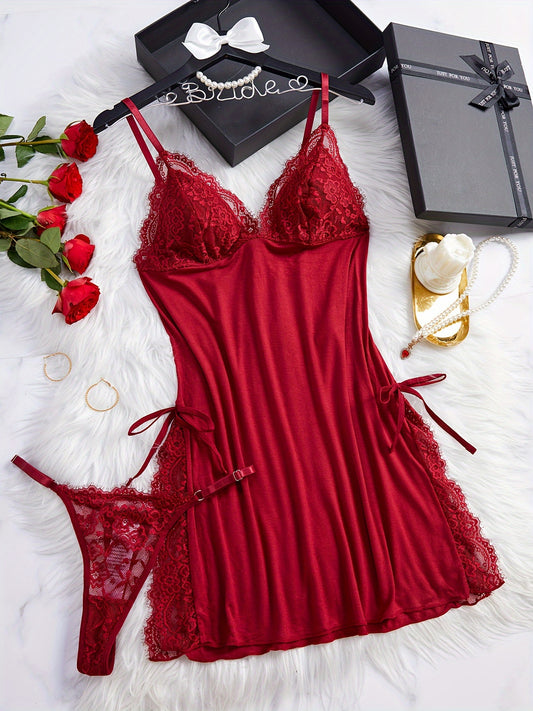 Lace Trim Splicing Babydoll, Seductive Deep V Bodycon Split Slip Dress, Women's Sexy Lingerie & Underwear