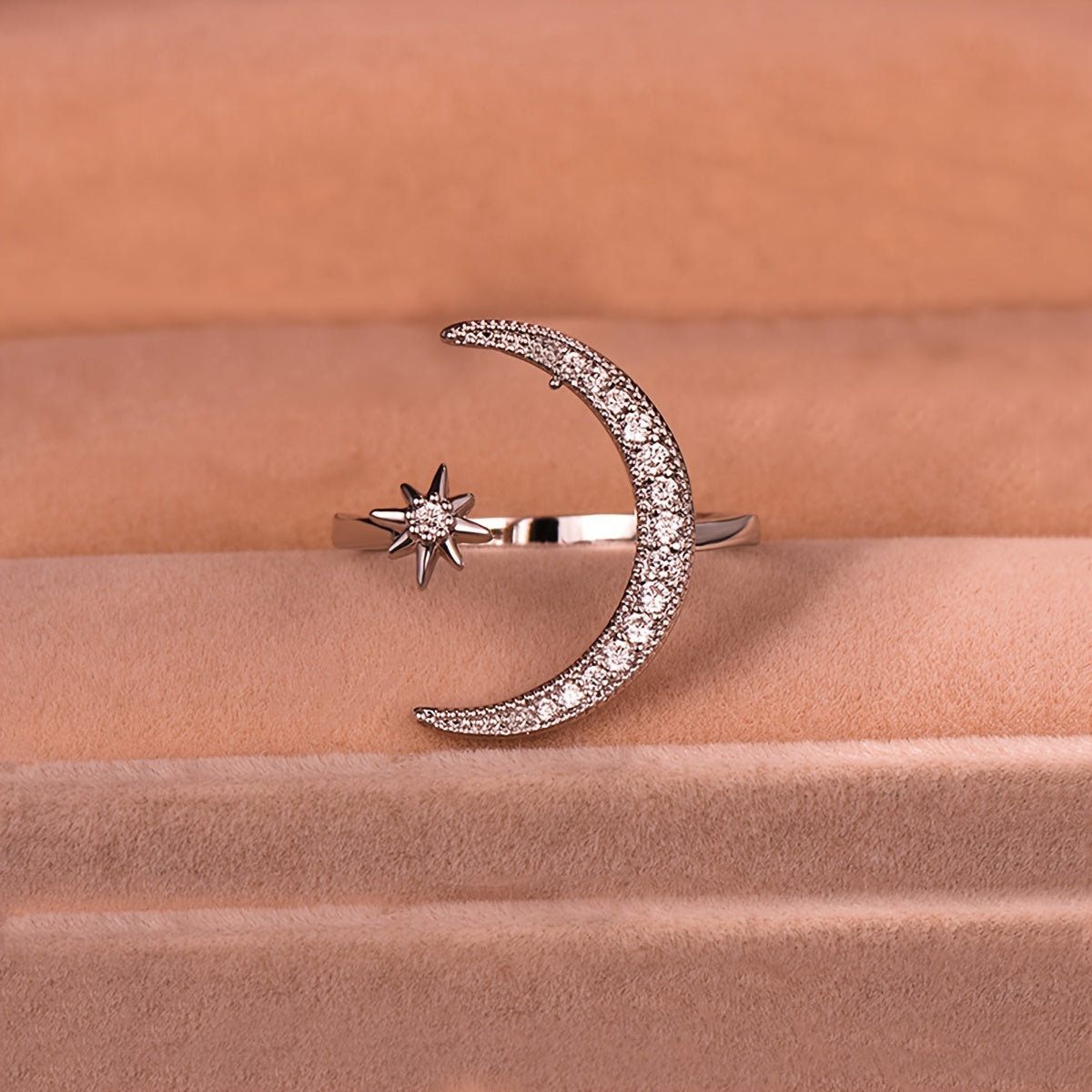 1pc Trendy Cuff Ring Moon And Sun Design Crescent Shape Inlaid Rhinestone Match Daily Outfits Dainty Party Accessory