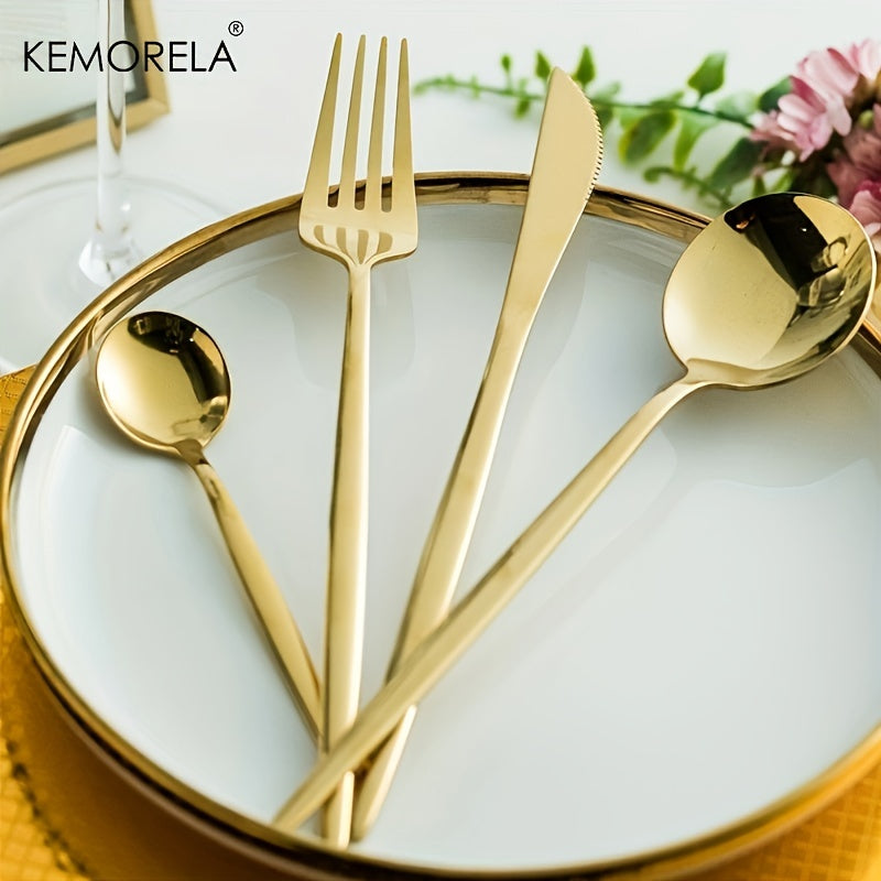 24pcs Elegant Tableware Set, Stainless Steel Mirror Polished Silverware Set, Golden \u002F Silvery Flatware Set With Gift Box, Wedding Dining Household Fork Spoon Knife Cutlery Set, Kitchen Accessories