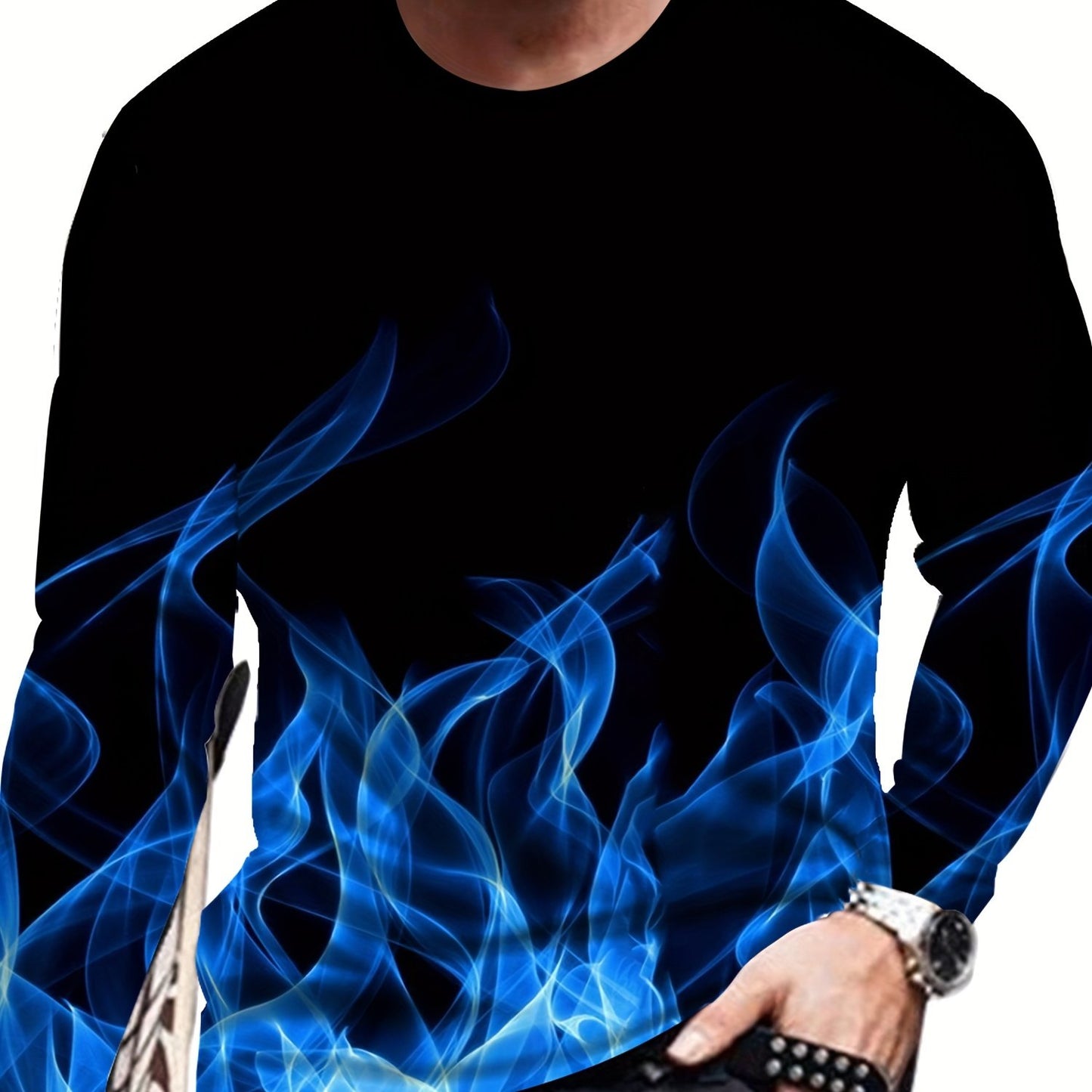 3D Numérique Flamme Impression Hommes Mode Manches Longues Crew Neck T-shirt, Hommes Casual Tee Pour Le Printemps Automne