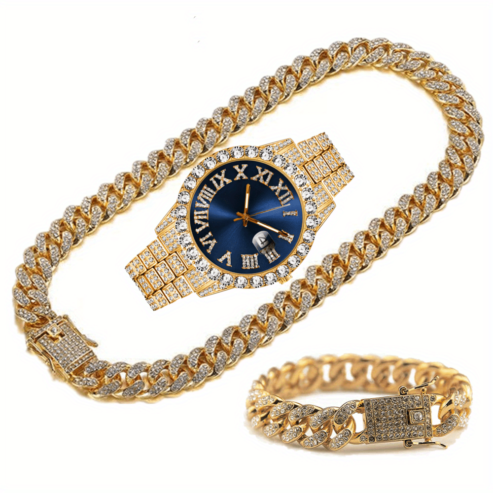 Moda plata azul reloj conjunto caja de regalo de los hombres con incrustaciones de hielo 12mm cadena cubana collar pulsera reloj conjunto hip hop cadena de hielo joyería de los hombres reloj de la joyería