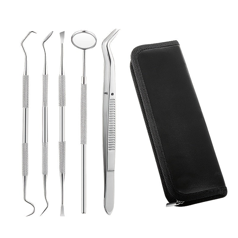 Stainless Steel Dental Tool Set, Oral Care 5-piece Set, Stainless Steel Tweezers Probe  Mirror Tooth Pick  Remover, Tooth Stain And  Endoscope Tooth Protection Set