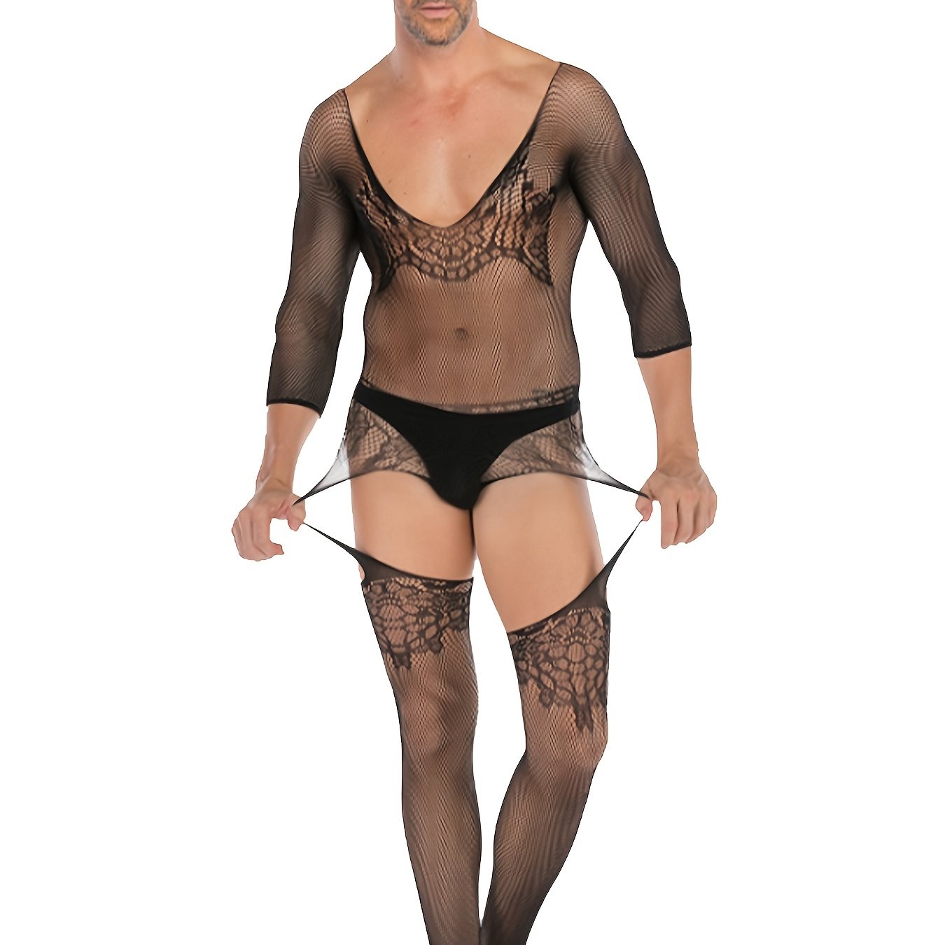 No Panties, Men's Sexy Fishnet One-Piece Sheer Costumes, Bodysuit & Stockings For Nightwear, Underwear For Gay, Men's Exotic Apparel