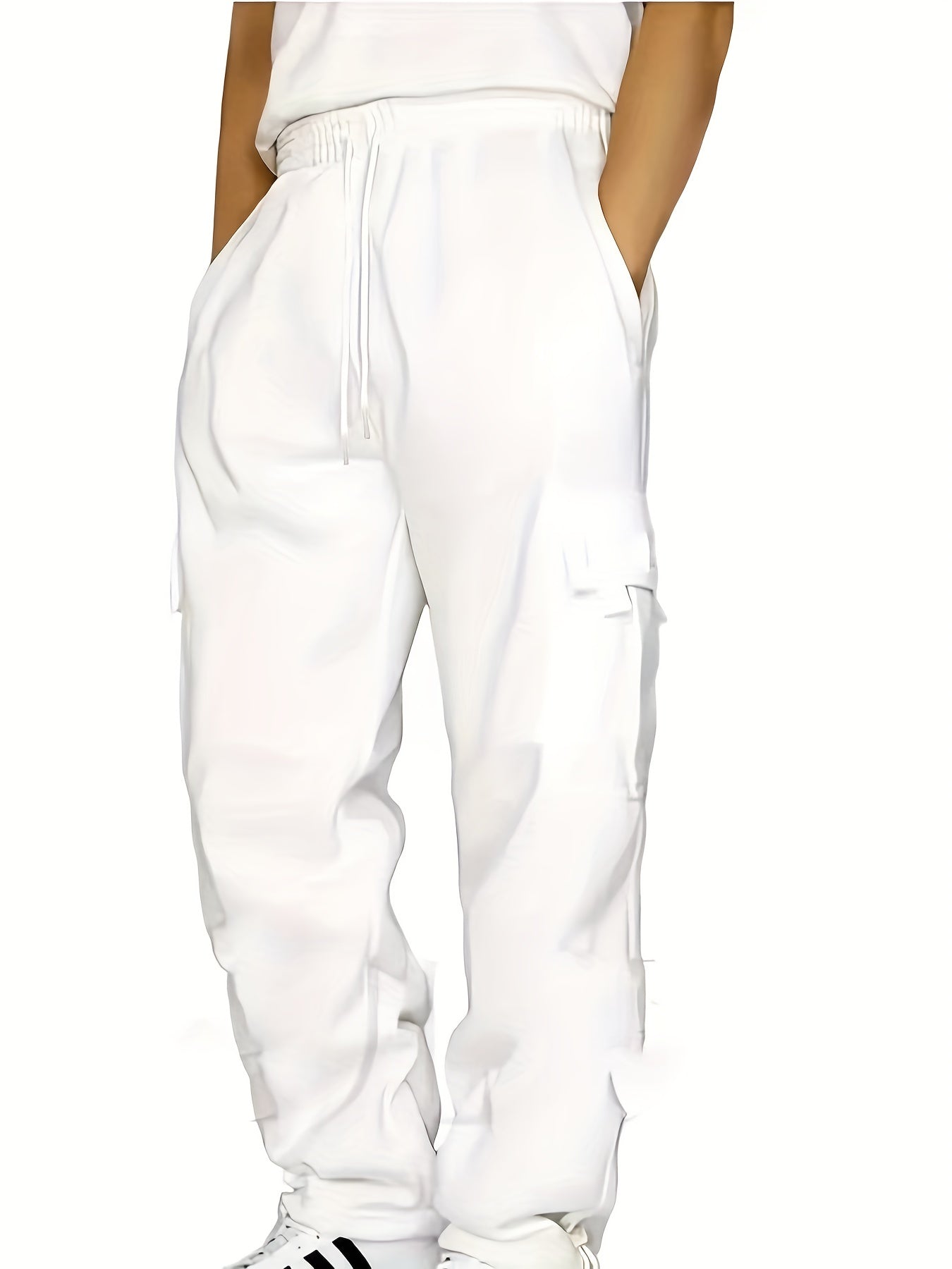 Plus Size Men's Relaxed Fit Cargo Trousers With Pockets, Oversized Casual Drawstring Pants For Big And Tall Guys