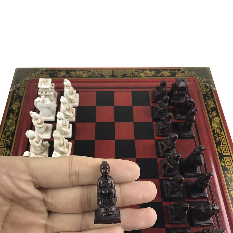 Antique Chess Three-dimensional Terracotta Army Chess Pieces, High-grade Retro Wooden Table Chess Handmade 26*26CM (10.24*10.24IN) Halloween\u002FThanksgiving Day\u002FChristmas Gift ,gaming gift