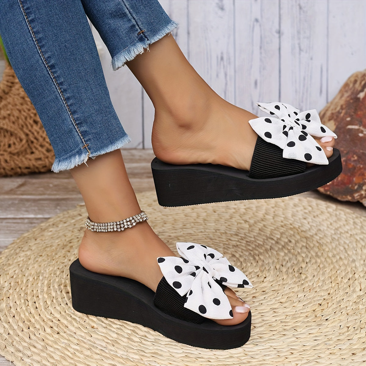 Women's Polka Dot Pattern Bowknot Sandals, Slip On Soft Sole Platform Wear-resistant Shoes, Non-slip Beach Wedge Shoes