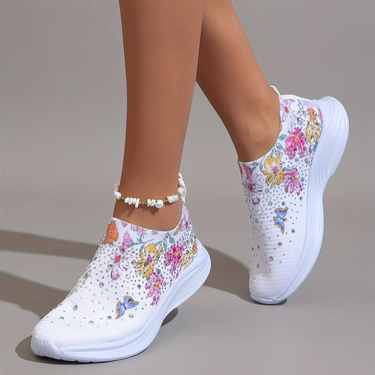 Zapatillas de deporte de la decoración del Rhinestone de las mujeres, resbalón de la impresión floral y de la mariposa en los zapatos, zapatillas de running de punto respirable