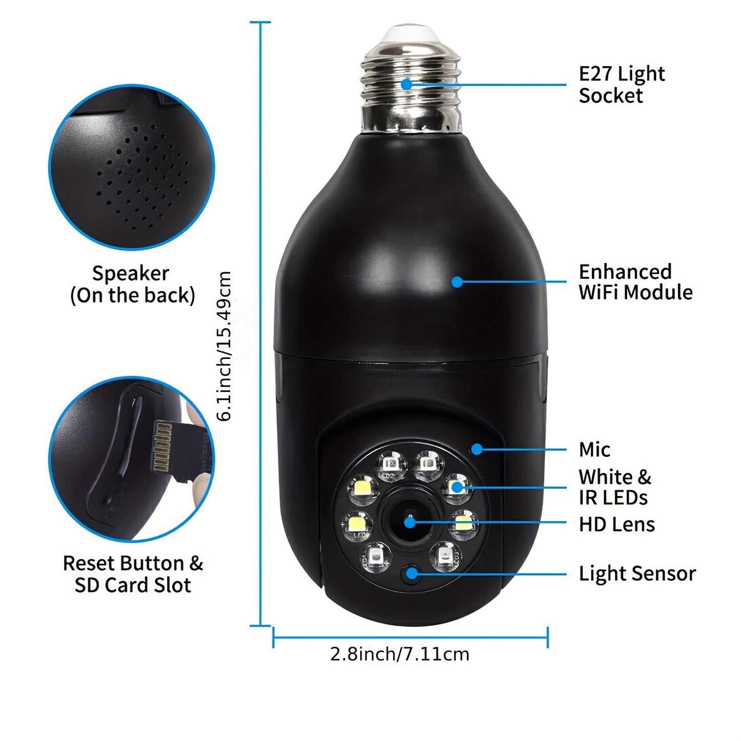 Câmera de lâmpada WiFi, câmera WiFi de banda dupla 1080P 5G para segurança doméstica, soquete E27 Câmera de segurança interna sem fio com áudio bidirecional, visão noturna colorida, detecção de movimento, monitor de bebê, trabalho com Alexa