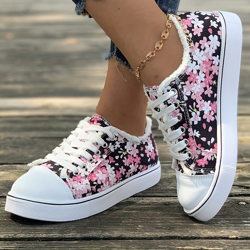 Zapatos de lona con estampado floral para mujer, Casual Lace Up Low Top Skate Shoes, Zapatillas planas de todo fósforo