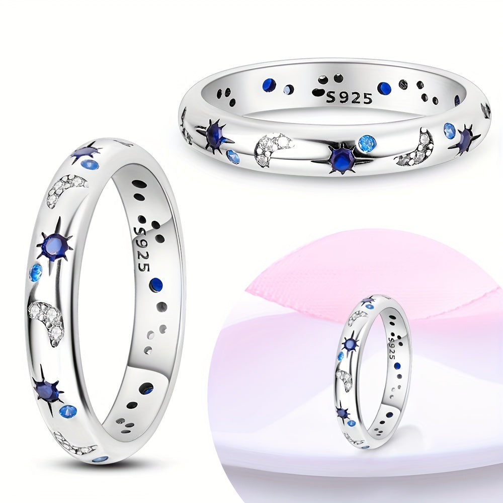 1pc 925 Sterling Silver Ring Moon And Star Patterns Inlaid Rhinestone Creative Design Showing Off Personality