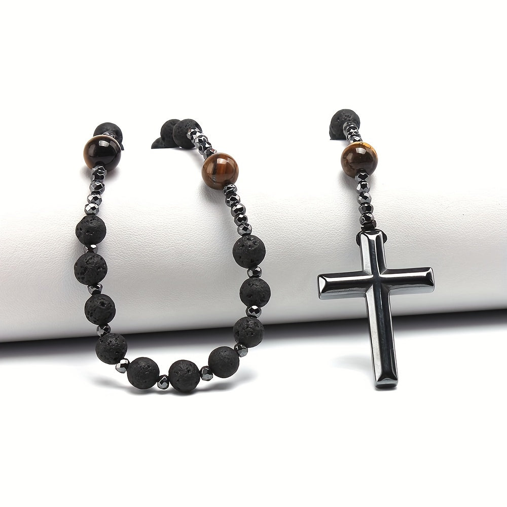 1pc 8mm Black Volcanic Rock 10mm Yellow Tiger Eye Black Gallstone Cross Religious Necklace