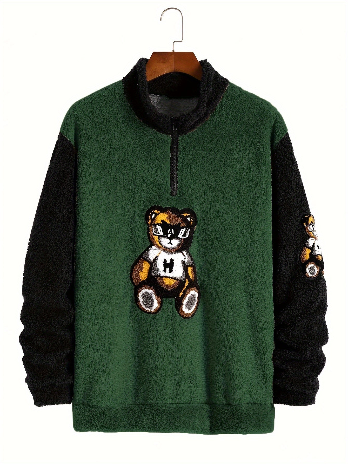 Men's Color Block Fuzzy Bear Pattern Sweatshirt, Half Zip Stand Collar Warm Pullover For Autumn Winter