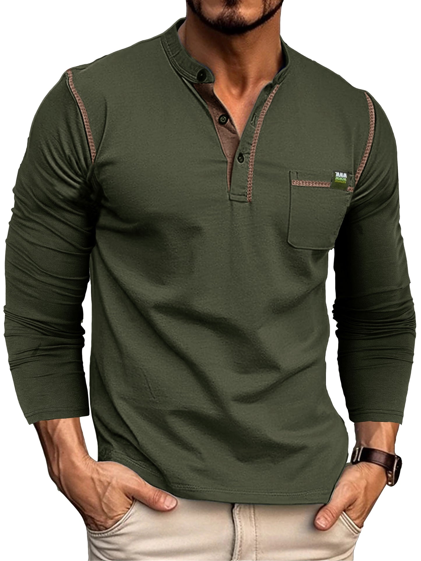 Retro Henley Shirt, Men's Casual V-Neck Pullover Long Sleeve Tshirts For Spring Fall, Men's Clothing