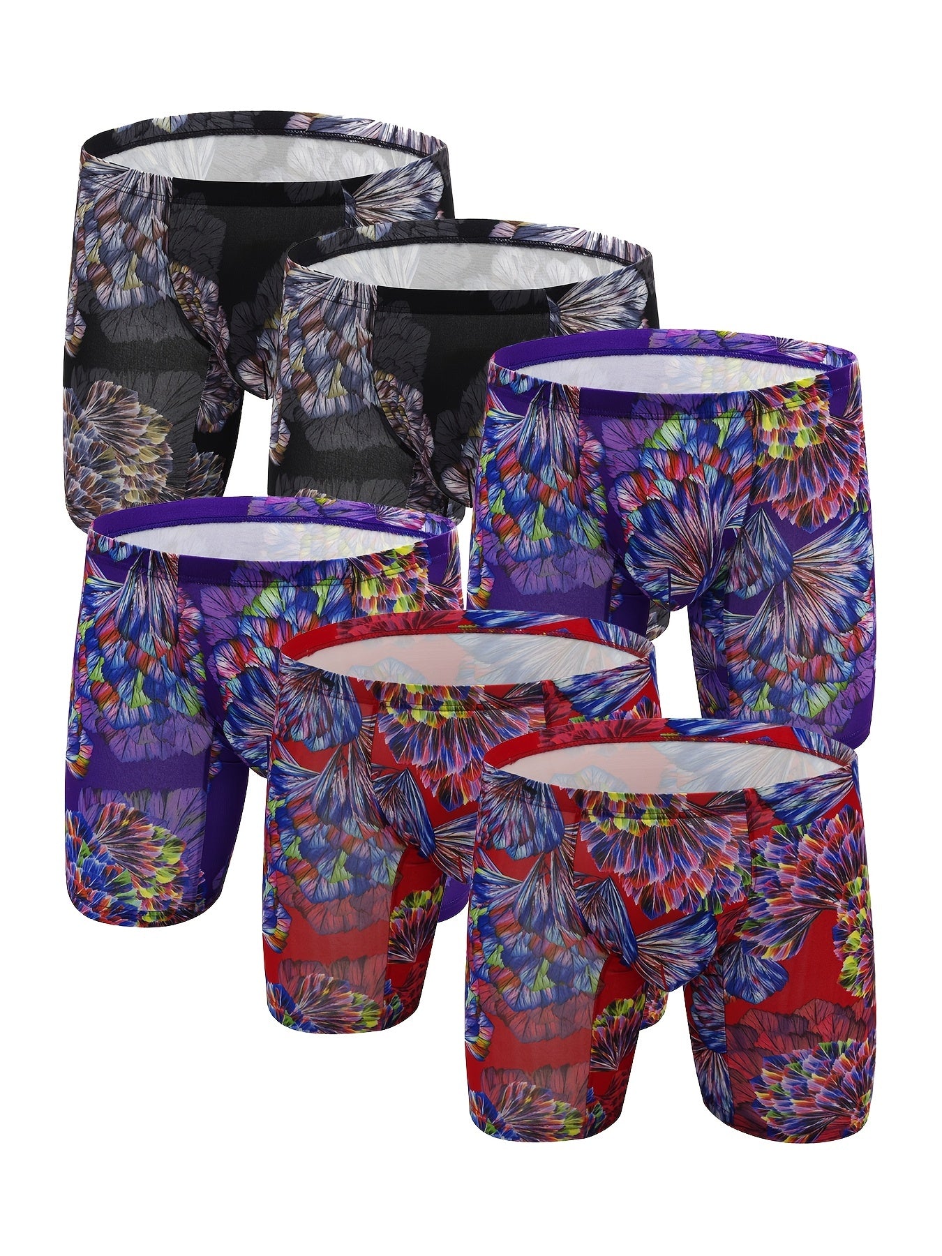 6 peças masculinas com padrão de flores, personalidade da moda, cuecas boxer de perna longa, respiráveis, confortáveis, de secagem rápida e elásticas, cuecas boxer em forma de U, calcinhas com bolsa convexa em forma de U, roupas íntimas masculinas