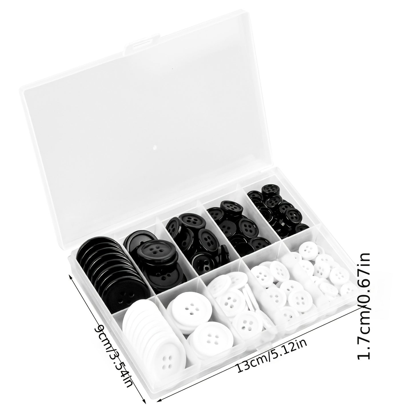 160pcs Buttons Black White Round Resin Shirt Button Wide Edge 4 Holes Classical Sewing Craft With Box For Coats Sweaters Pants Sports Tops And Scrapbook, 10\u002F12\u002F15\u002F20\u002F25mm