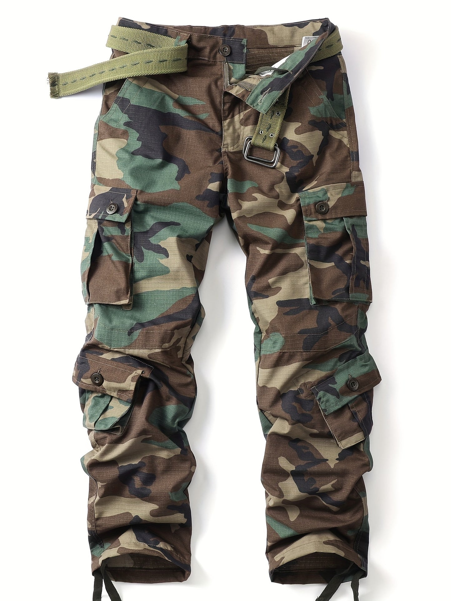 Mezcla de algodón Camo Multi Flap bolsillos pantalones de carga de la pierna recta de los hombres, pantalones sueltos al aire libre ocasionales, pantalones de trabajo tácticos para los hombres