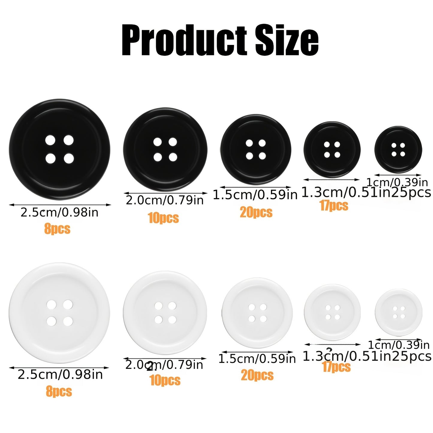 160pcs Buttons Black White Round Resin Shirt Button Wide Edge 4 Holes Classical Sewing Craft With Box For Coats Sweaters Pants Sports Tops And Scrapbook, 10\u002F12\u002F15\u002F20\u002F25mm