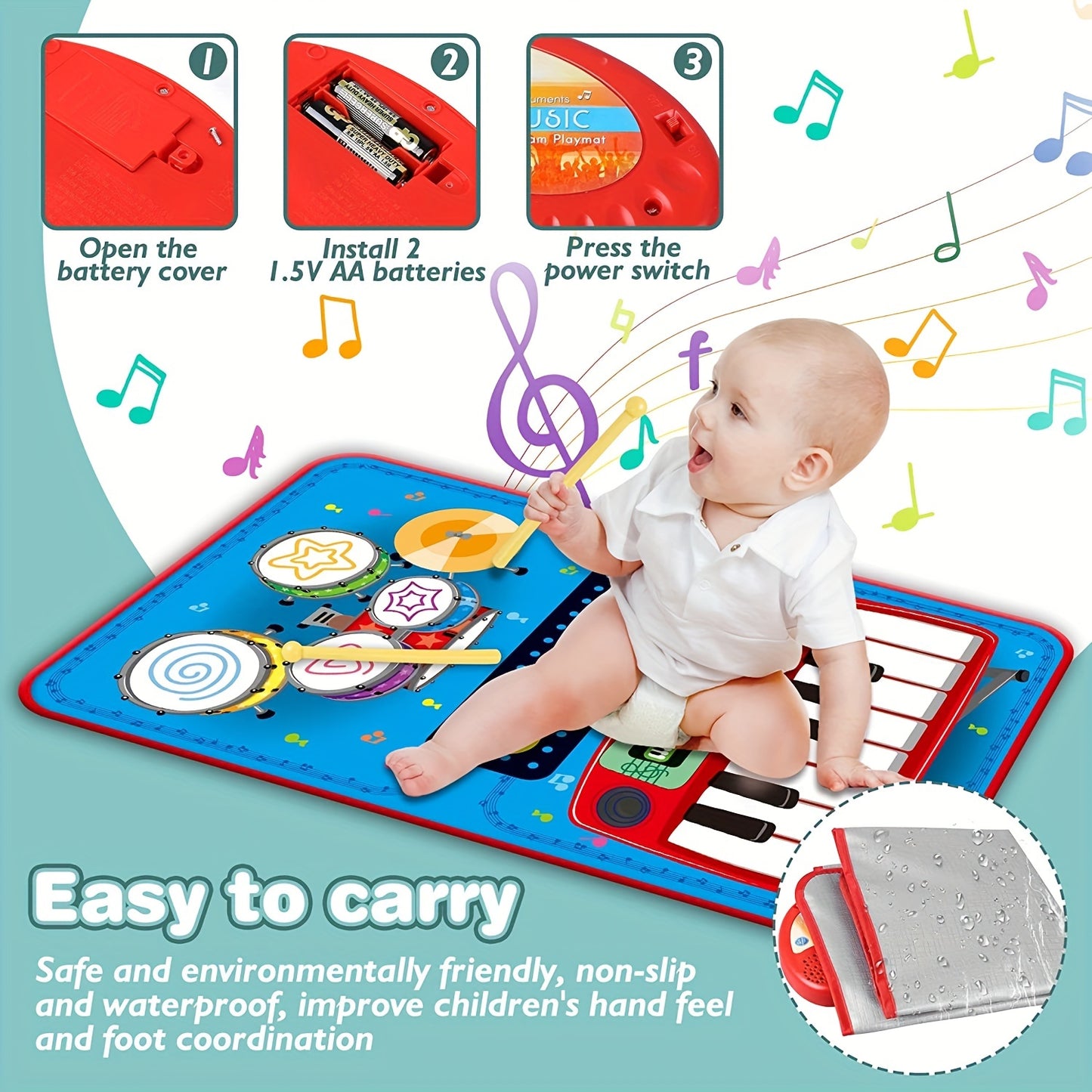 2 In 1 Musical Toys, Toddler Piano & Drum Mat With 2 Sticks, Musical Mats-Piano Keyboard & Drum, Learning Floor Blanket, Birthday Gifts For 1 2 3 Year Old Boys & Girls Baby Toys