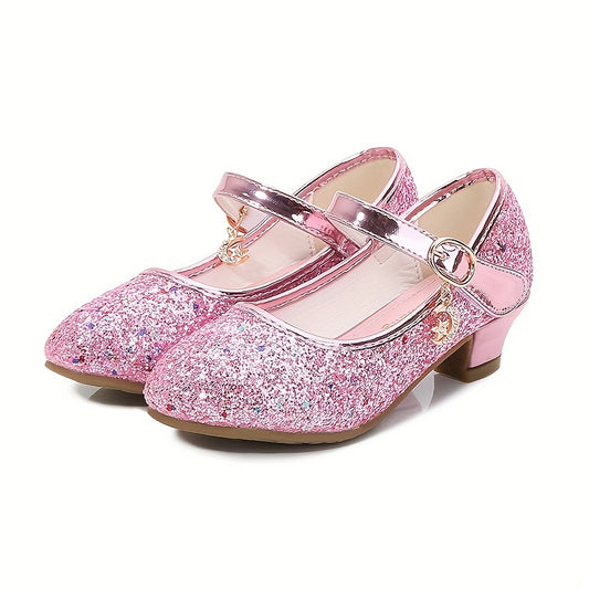 Kids Teenagers Girl's Low Heel Shoes, Shiny Sequins Princess Dress Shoes For Party, Spring And Summer