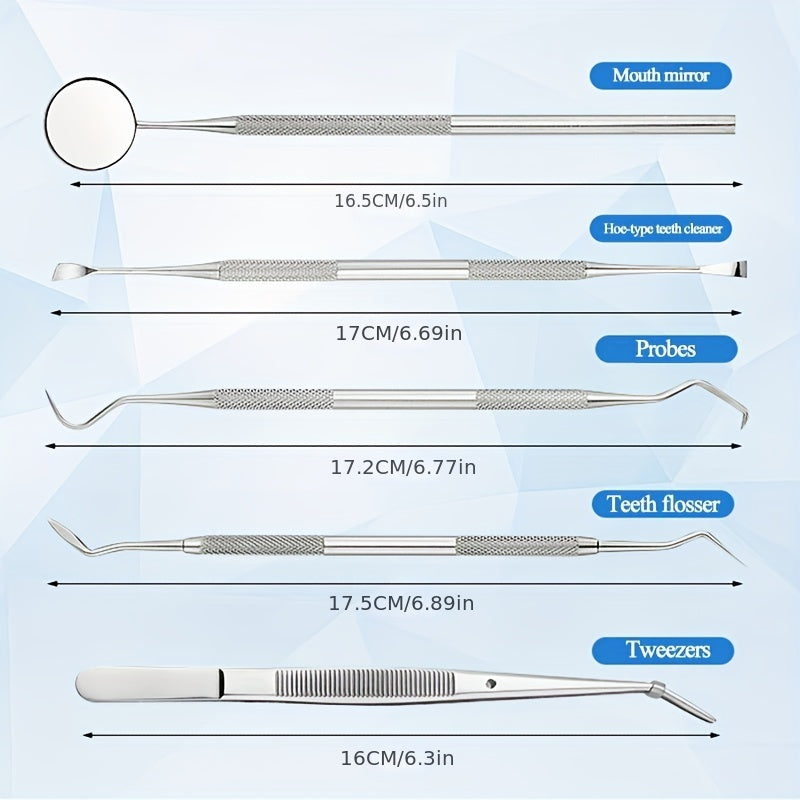 Juego de herramientas dentales de acero inoxidable, cuidado bucal de 5 piezas, pinzas de acero inoxidable sonda de espejo removedor de selección de dientes, mancha de diente y endoscopio conjunto de protección dental