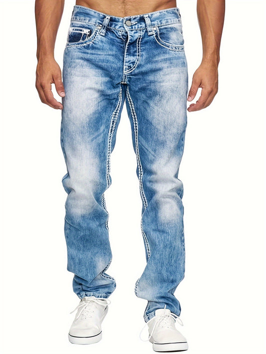 Men's Casual Slim Fit Stretch Jeans, Chic Street Style Distressed Denim Pants