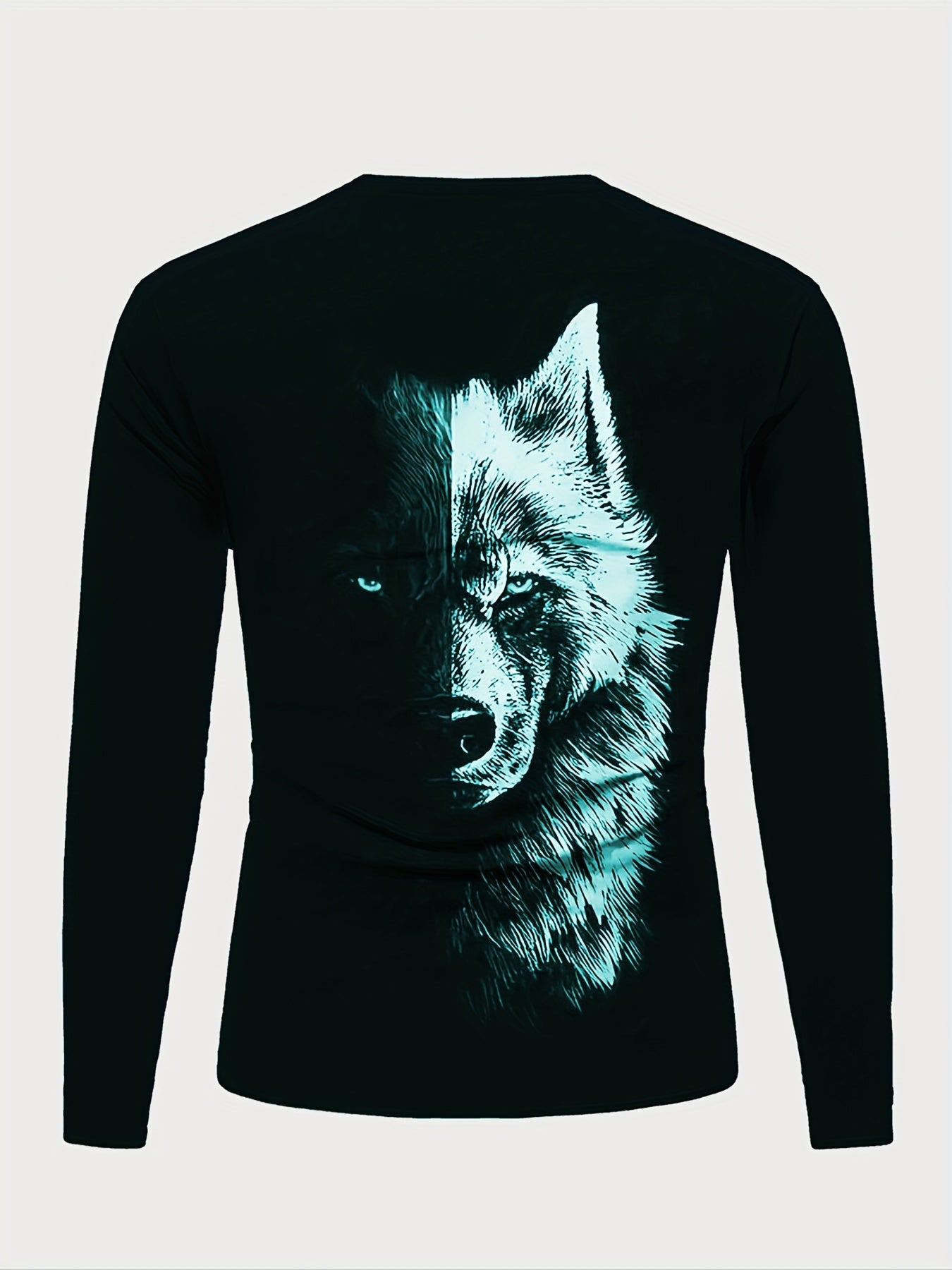 Camiseta de manga comprida com estampa de moda masculina Splicing Wolf Face, primavera outono