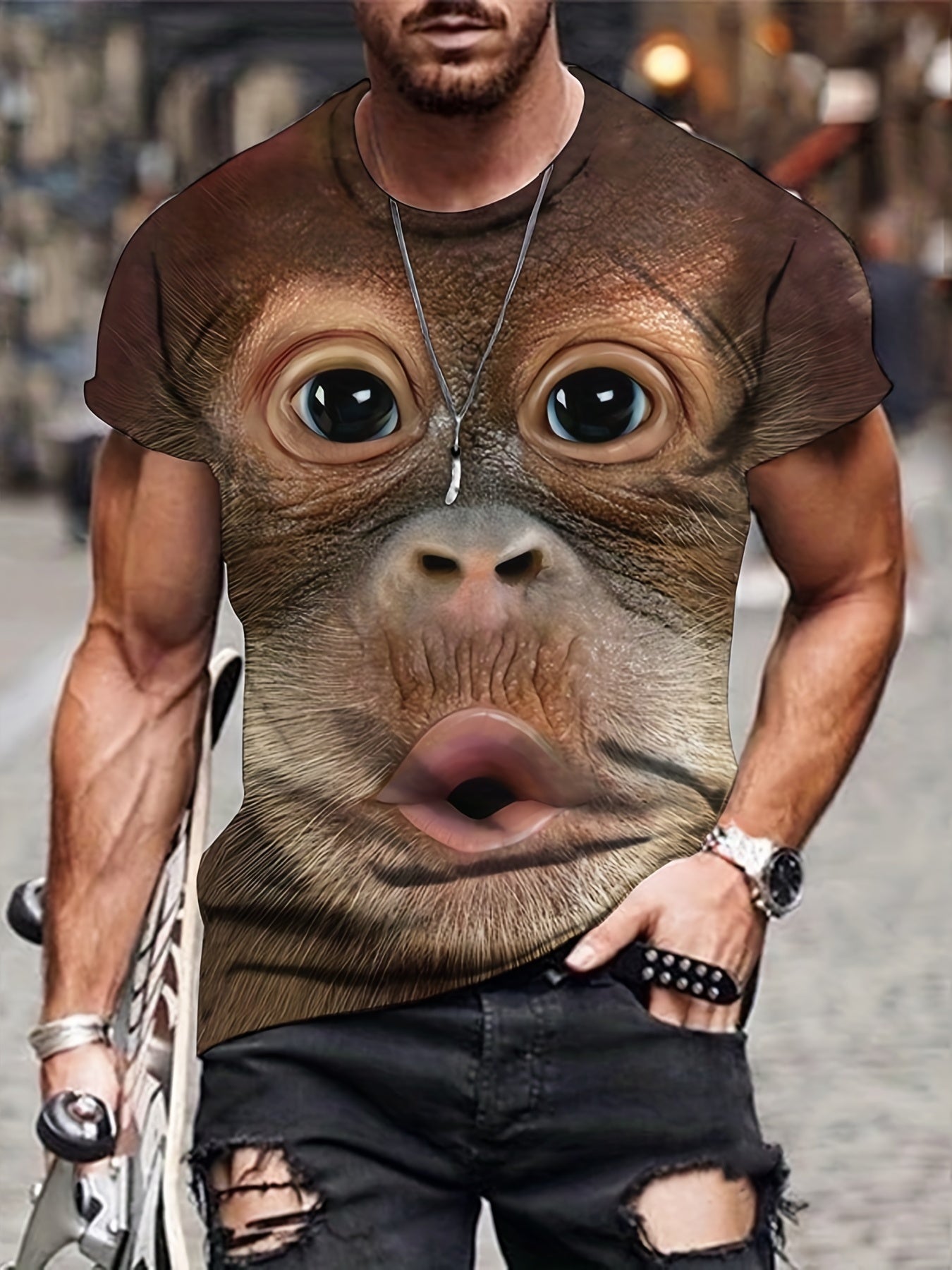 Camiseta masculina engraçada e criativa com estampa de chimpanzé, camiseta casual de estiramento médio com gola redonda para primavera e verão