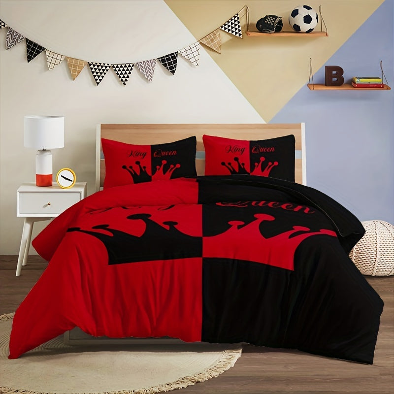 3pcs Duvet Cover Set, Black And Red Crown Pattern Bedding Set, Soft Duvet Cover For Bedroom, Guest Room (1*Duvet Cover + 2*Pillowcase, Without Core)