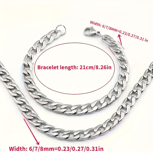 2pcs Necklace Plus Bracelet Punk Style Jewelry Set Trendy Cuban Chain Design Made Of Stainless Steel Suitable For Men And Women Match Daily Outfits Party Accessories