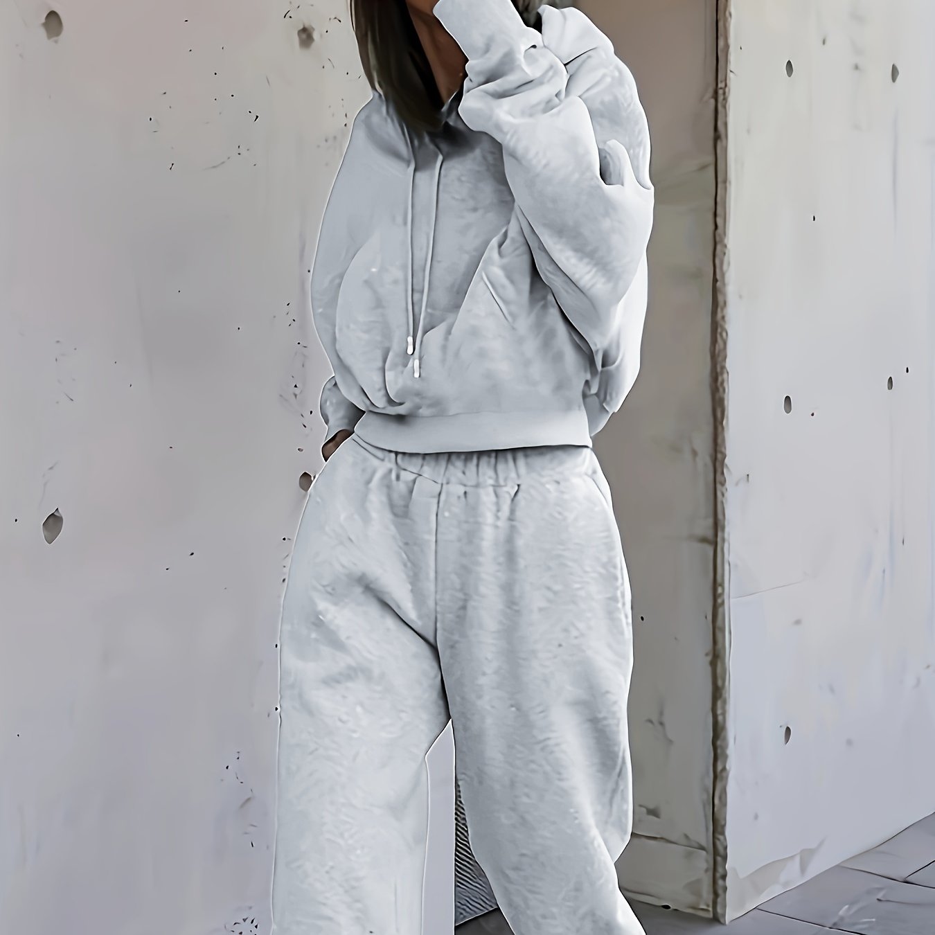 2 Stück Athleisure-Set, übergroße solide Kapuzen-Taschen-Kordel zug Sweatshirts &amp; Jogging hosen-Sets, Damen bekleidung