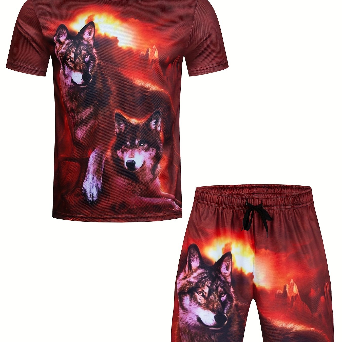 Men's Simple Style Casual Pajamas Sets, Creative Wolf Graphic Print Short Sleeve Crew Neck Top & Loose Shorts Lounge Wear, Outdoor Sets For Spring Autumn