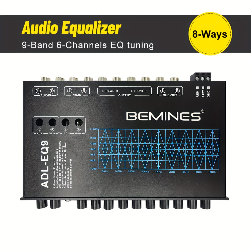 EQ9 9-band كامل المدى سيارة التعادل ، ضبطها الصوت ، وصلات الإدخال والإخراج المتعددة ، يدعم ثلاثة أضعاف وباس ، سيارة تعديل الصوت التعادل