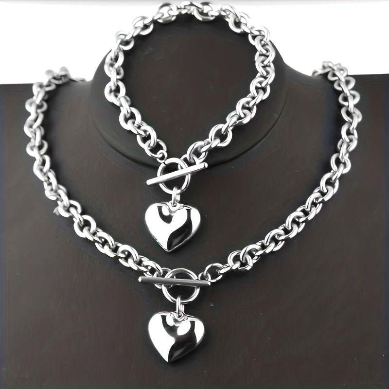 2pcs\u002Fset  Fashion Titanium Steel Set Peach Heart Set Necklace Bracelet O-shaped Chain For Men And Women