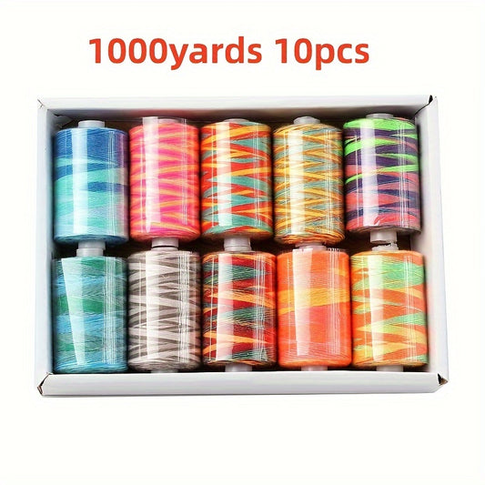 10pcs 1000Yards 402 Polyester Fil Couture &amp; Quilting Main Point Section-Teint Arc-En-Ciel À Coudre Fil Pour Couture &amp; Machine