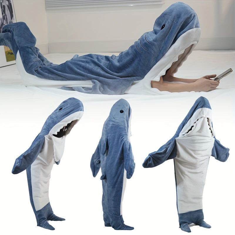 1pc Shark Blanket For Adult, Reversible Flannel Embroidered Wearable Shark Blanket, Super Soft Cozy Flannel Hoodie, Shark Blanket Hoodie Sleeping Bag, Wearable Fleece Throw Blanket