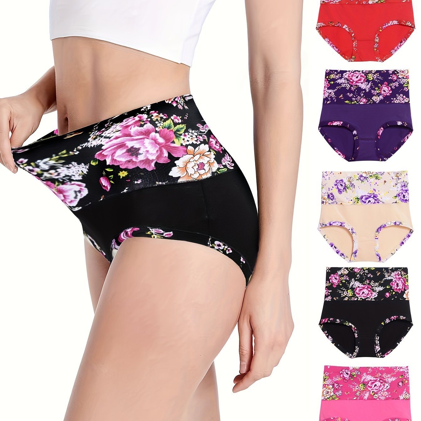 5pcs calzoncillos con estampado floral, cómodos y transpirables elásticos bragas, lencería y ropa interior de mujer